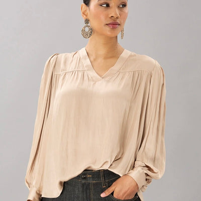 Lola&Sophie Vintage Satin Long Sleeve V-Neck Top