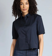 Lola&Sophie Stretch Poplin Cropped Button Down / navy