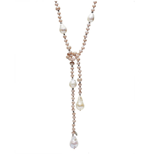 Crystal Lariat, Rose , W/Baroque Pearls